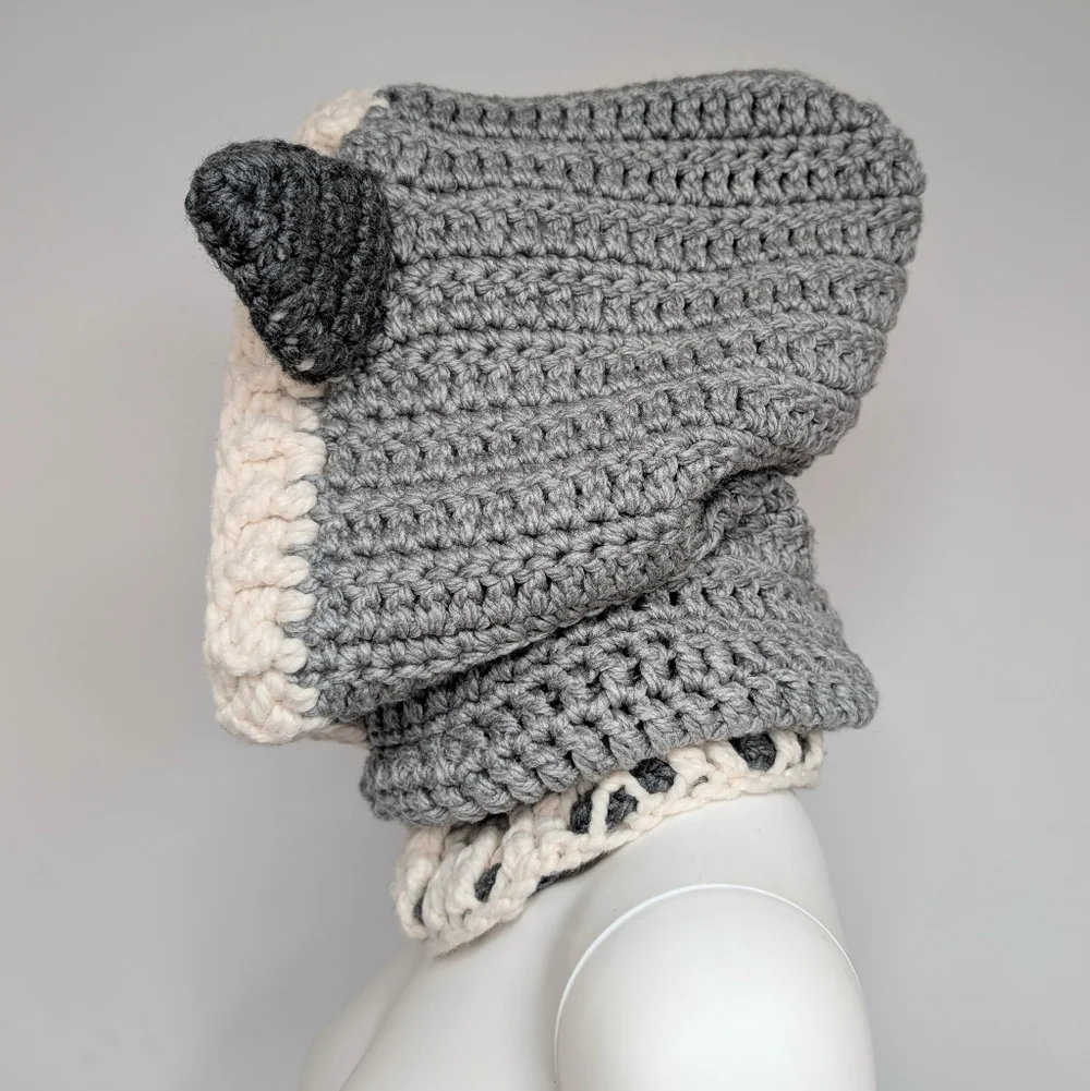 Handmade Crochet Gray & Cream Wolf Head Cowl Hood Scarf With Ears Beenie Hat